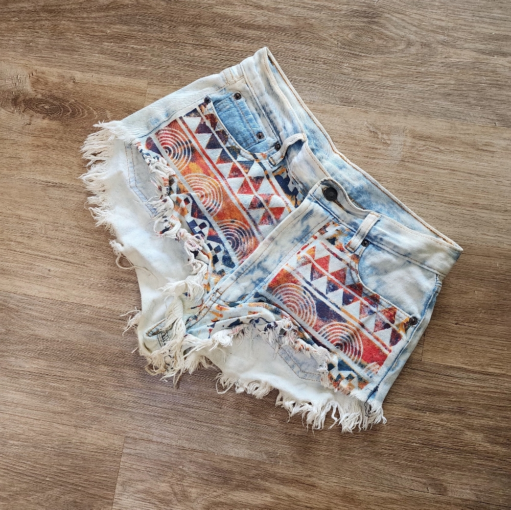 Denim Aztec tribal print shorts